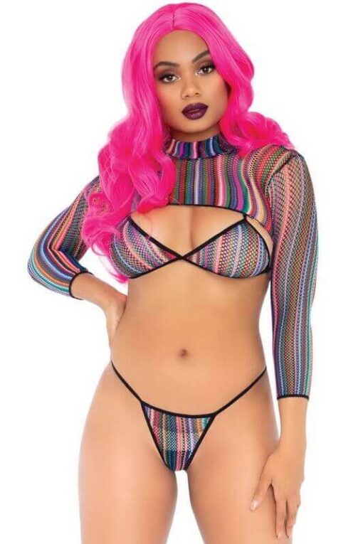 Rainbow Striped Fishnet Crop Top Set